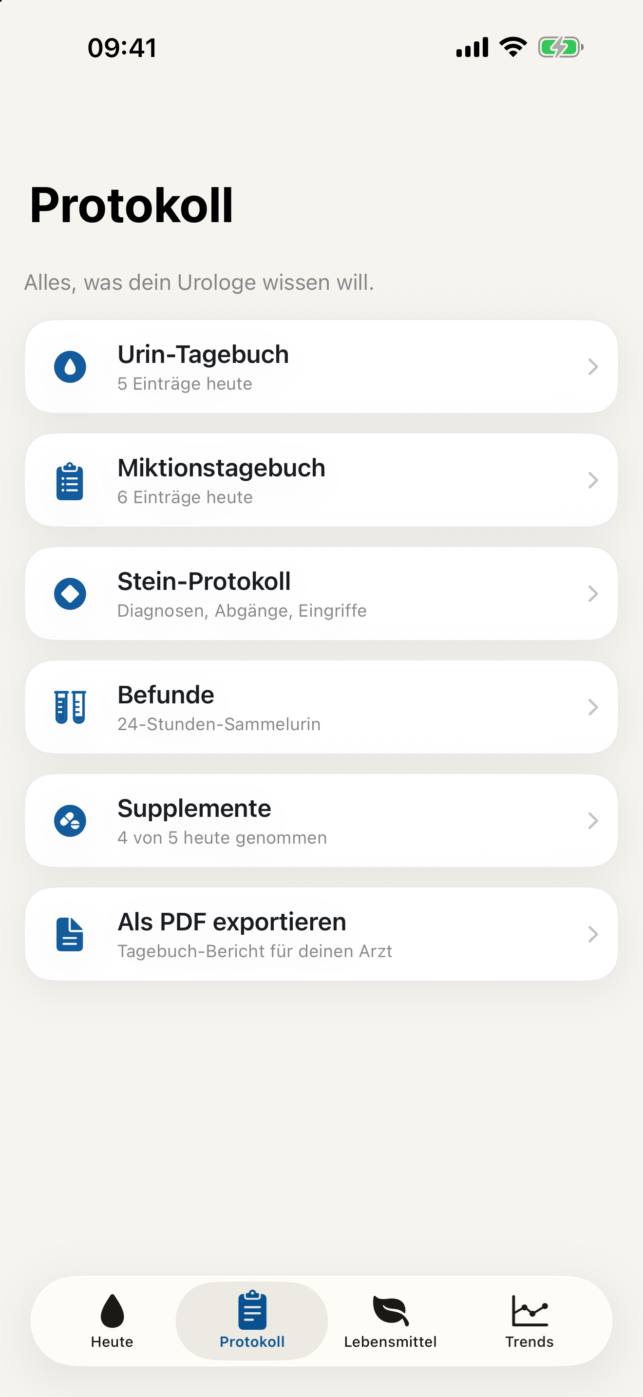 StoneGuard Protokoll mit Urin, Miktion, Steinereignissen und Befunden